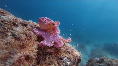 Vibrant Pink Octopus Resting on Textured Coral Reef Underwater