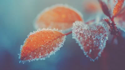 Frosted Autumn Leaves with Shimmering Ice Crystals Against a Soft Blue Background