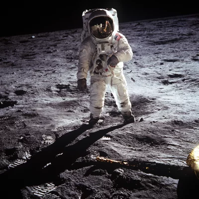 Astronaut Standing on Moon Surface with American Flag, Reflected Companion image