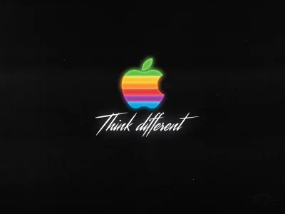 Iconic Rainbow Apple Logo with Think Different Slogan on Grainy Black Background image