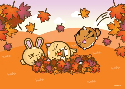 Playful Cartoon Animals: Bunny, Pizza Cat, Tiger Leaping into Fall Leaves image