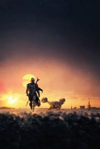Iconic The Mandalorian Character on Alien Planet at Sunset Sci-Fi Adventure image