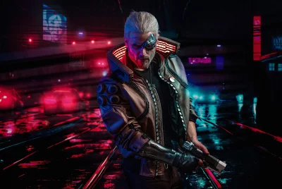 White-Haired Cyberpunk Enforcer with Pistol in Neon City Night image