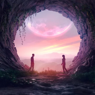 Man and woman meet under a giant pink moon in a mystical cave image