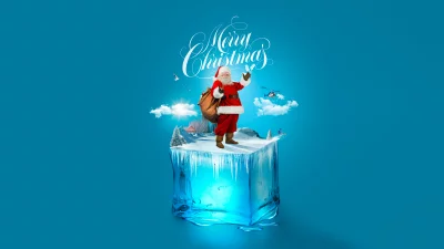 Jolly Santa Claus on a Glowing Ice Cube Delivering Christmas Holiday Gifts image
