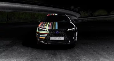 Dynamic Lexus UX 250h Hybrid SUV with Vibrant Artistic Wrap in Dark Urban Setting image
