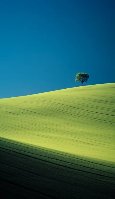 Lone tree atop rolling green hills under a clear blue sky