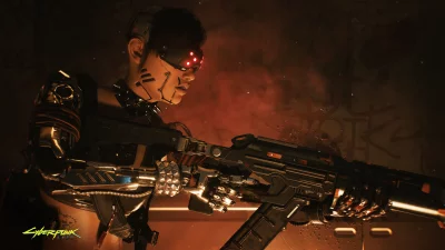 V Cyberpunk 2077 Warrior with Glowing Visor and Futuristic Rifle PNG Image image