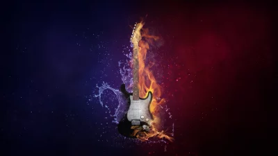 Dynamic Electric Guitar with Fiery Flames and Water Splashes Cinematic Wallpaper Style image