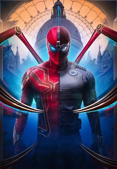 Dynamic Spider-Man Split Suit: Heroic Duality and Advanced Tech in Urban Setting image