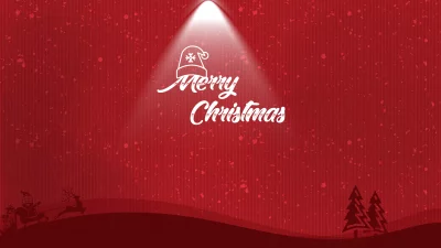Festive Merry Christmas Card with Glowing Spotlight and Santa Sleigh Silhouette on Red Background image