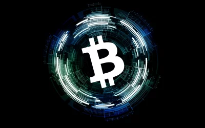 Bitcoin Cryptocurrency Symbol on Futuristic Digital Circuit Interface Background image