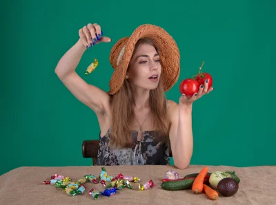 Woman in Straw Hat Choosing Between Fresh Vegetables and Candies image