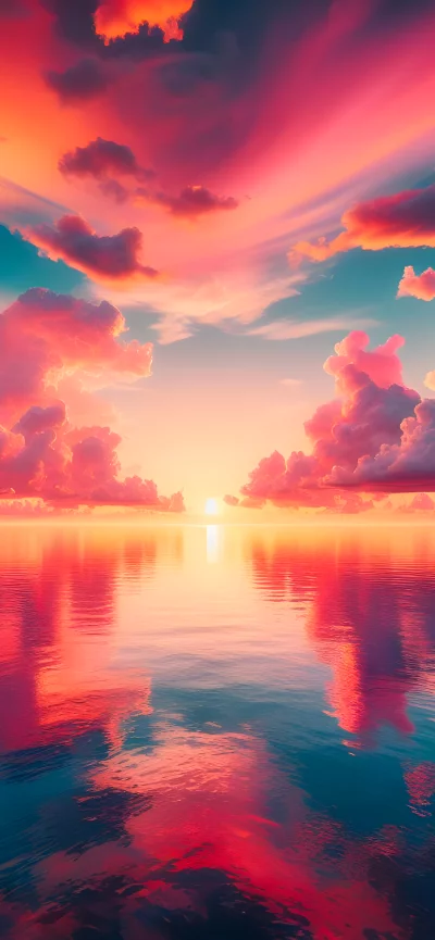 Breathtaking sunset over calm ocean with vibrant pink and orange clouds