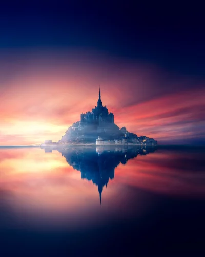 Iconic Mont Saint-Michel Reflecting in Serene Waters at Vibrant Sunset image