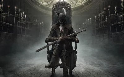 Mysterious Cloaked Figure on Ornate Throne with Intricate Sword Amidst Flickering Candles image
