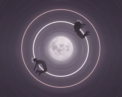 Ethereal Figures with Halos Floating in Cosmic Star Trails Around Full Moon image