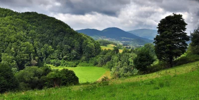 Panoramic View of Verdant Mountain Hills and Valley Under Dramatic Cloudy Sky image