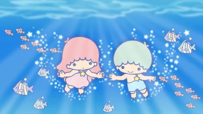Little Twin Stars Kiki and Lala Joyfully Swimming Underwater with Colorful Fish image