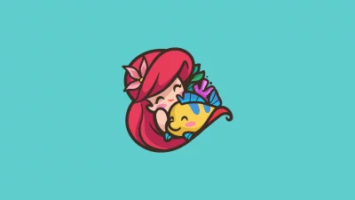 Cute Cartoon Mermaid Ariel Hugging Her Friendly Fish Flounder image