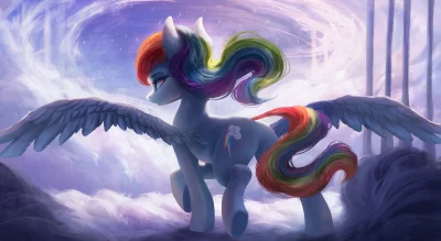 Magical Winged Pony with Rainbow Hair Soaring Amidst Ethereal Clouds and Light image