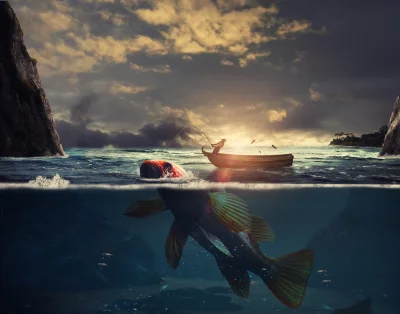 Dramatic Split View of Fisherman Battling a Giant Fish at Sunset image