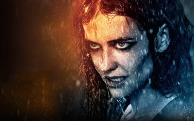 Intense Woman's Portrait in Rain with Dramatic Split-Tone Lighting image