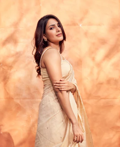 Beautiful Indian Actress Samantha Ruth Prabhu in Elegant Beige Saree Posing Confidently, Cinematic Style image