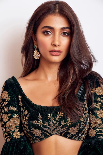 Pooja Hegde in Elegant Green Embroidered Traditional Indian Outfit Posing for Camera image