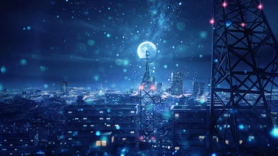 Enchanting Futuristic City Night with Full Moon, Stars, and Glowing Bokeh Effects image