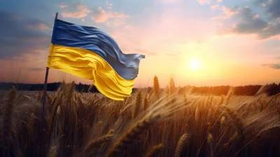 Ukrainian Flag Gracefully Waving Above Golden Wheat Field at Vibrant Sunset image