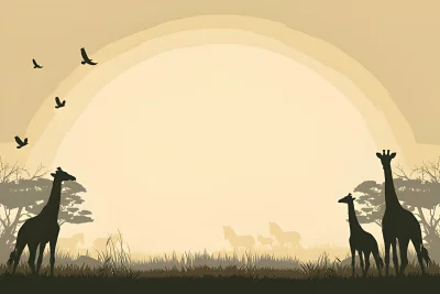 Serene African Safari Sunset Silhouette with Giraffes, Zebras, and Flying Birds image