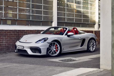 Sleek Silver Porsche 718 Spyder Convertible Sports Car in Urban Setting image