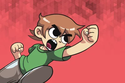 Dynamic Anime-Style Boy with Green Shirt and Expressive Face Shouting on Red Background image