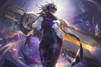Glamorous Sci-Fi Female Character with Golden Weapon in Sparkling Universe image
