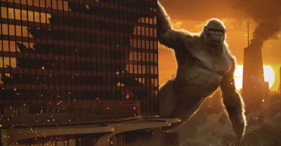 Giant Gorilla Scaling Skyscraper Amidst Fiery City Destruction Sunset image