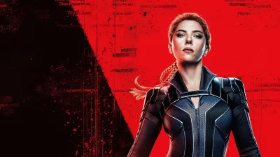 Black Widow's Determined Gaze in Iconic Tactical Suit Against Gritty Red Background image