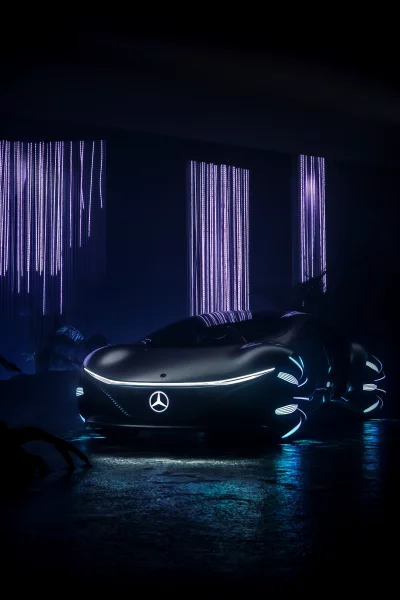 Futuristic Mercedes-Benz Concept Car Illuminates Dark Sci-Fi Setting with Neon Lights image