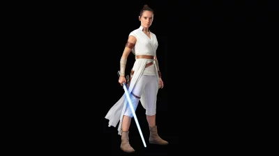 Star Wars Rey Skywalker Heroine with Glowing Blue Lightsaber on Black Background image