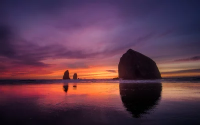 Vibrant Sunset Over Majestic Sea Stacks Reflected on Wet Pacific Coastline image