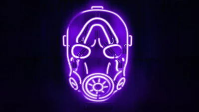 Vibrant Purple Neon Psycho Mask Gaming Icon on Dark Background image