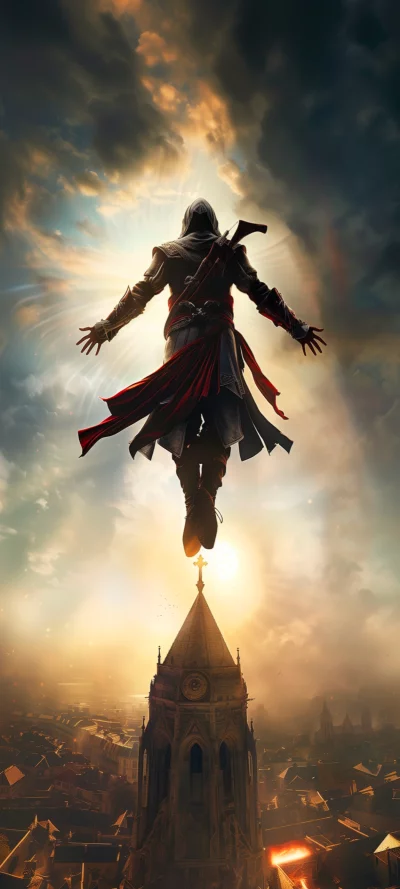 Mysterious hooded figure leaps from ancient cathedral tower against a breathtaking sunset Doctor strange from marble image