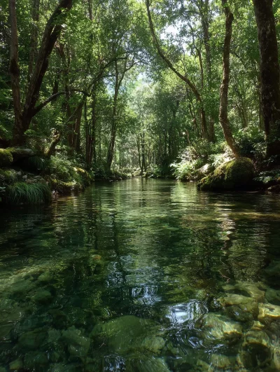 Crystal Clear River Flowing Through Lush Green Forest with Sunlit Reflections on Water