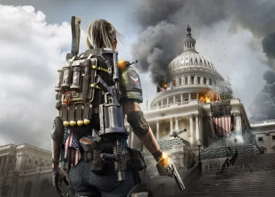 Armed Agent Surveys Burning US Capitol Building Amidst Post-Apocalyptic Chaos image