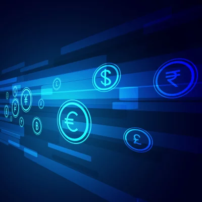 Dynamic Global Currency Exchange Symbols on Abstract Blue Digital Background image