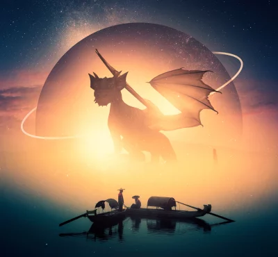 Ethereal Dragon Emerges from Celestial Orb Over Asian Fishing Boat at Dusk image