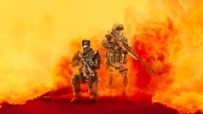 Tactical Soldiers with Weapons in Fiery Combat Zone image