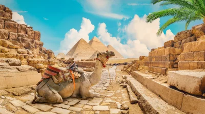 Ancient Egyptian Pyramids of Giza with a Dromedary Camel Resting on Historic Pathway image