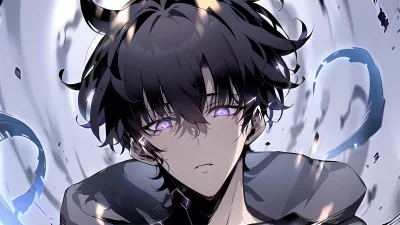 Powerful Anime Warrior with Dark Aesthetic and Glowing Purple Eyes image