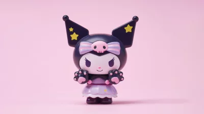 Cute Kuromi Sanrio Figure with Skull Bow and Starry Ears on Pink image